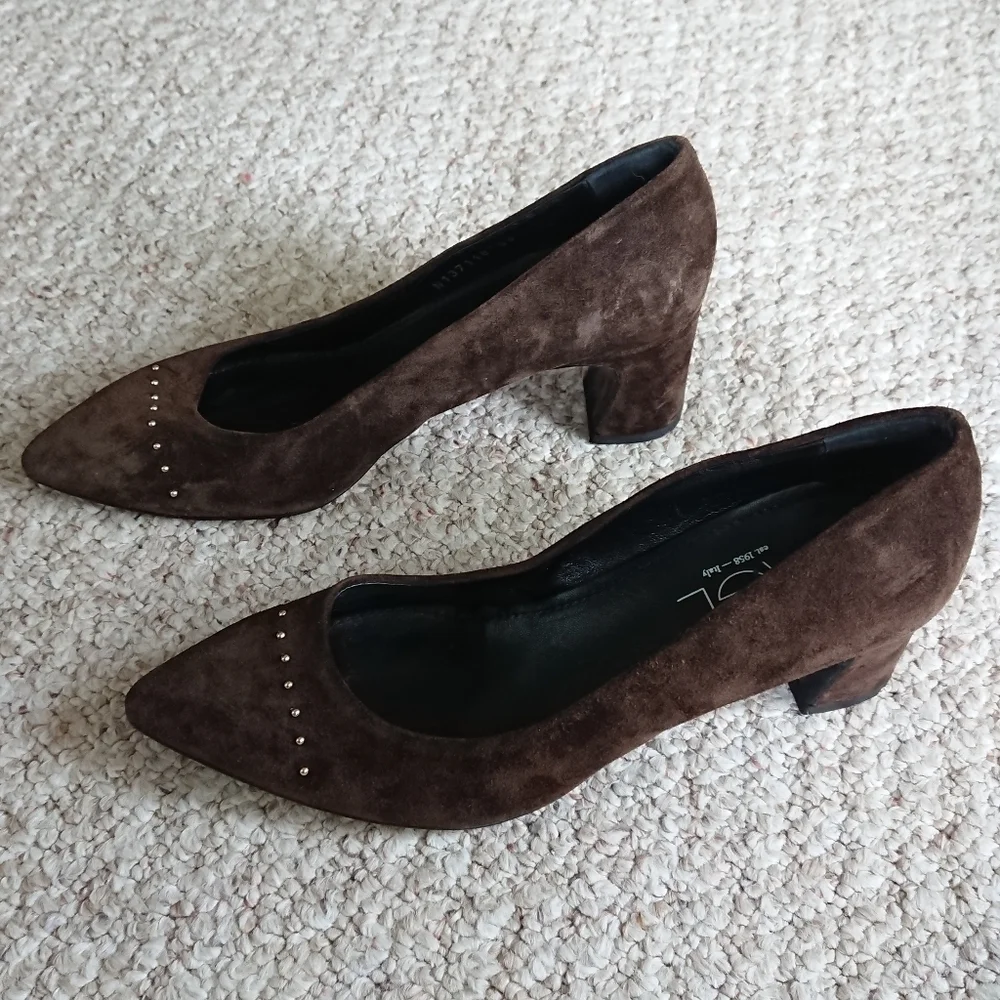 AGL Brown Suede leather Pumps with decorative gold studs size 7.5